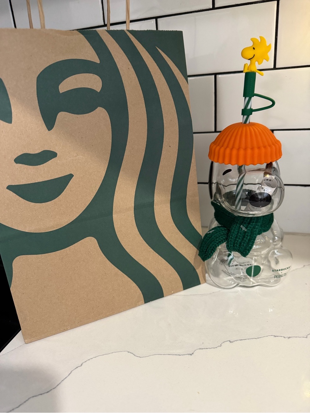 Starbucks Clear Bear Tumbler with Orange Lid and Green Scarf